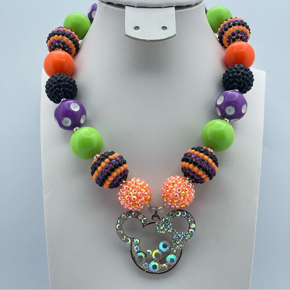 Minnie Mouse Halloween Chunky Bead Statement Necklace Rhinestone Pendant
